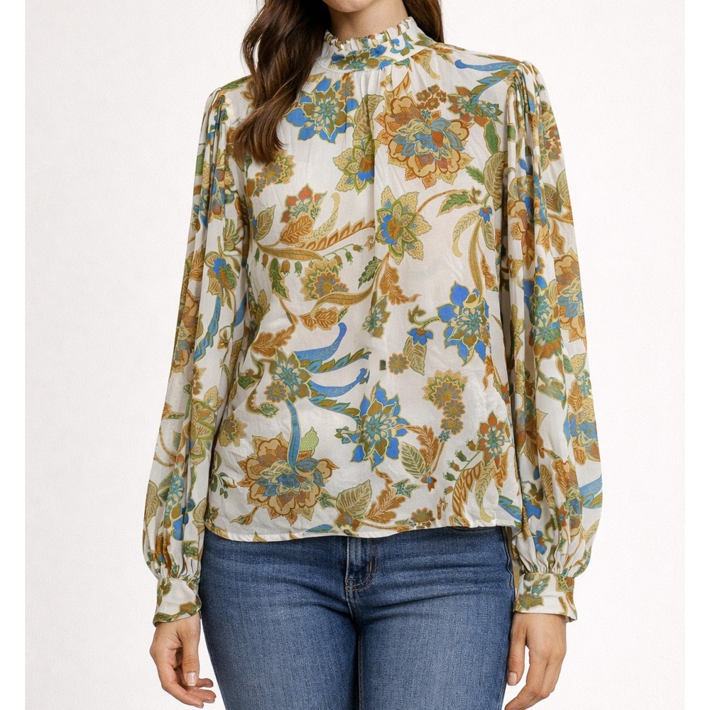 Flying Tomato Floral Top Blouse Size Small Ballon Sleeve Shoulder Pads